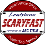 ABC Title Circular logo for a motor vehicle office. Center features a license plate design with "Louisiana SCARYFAST powered by ABC Title." Text around the circle reads "Motor Vehicle Office" and "Public Tag Agency.